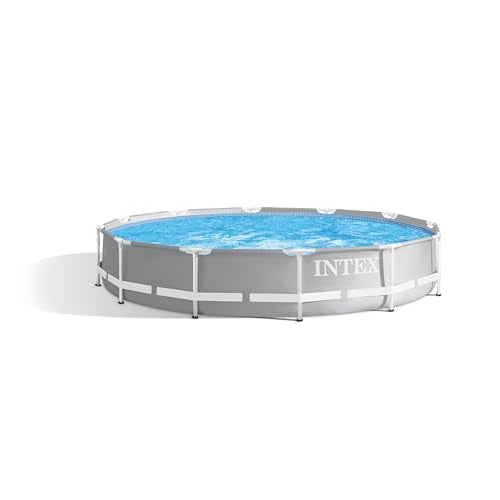 Intex 10 Feet Round Prism Metal Frame Above Ground Outdoor Backyard Swimming Family Pool for Kids and Adults Ages 6 and Up, Gray