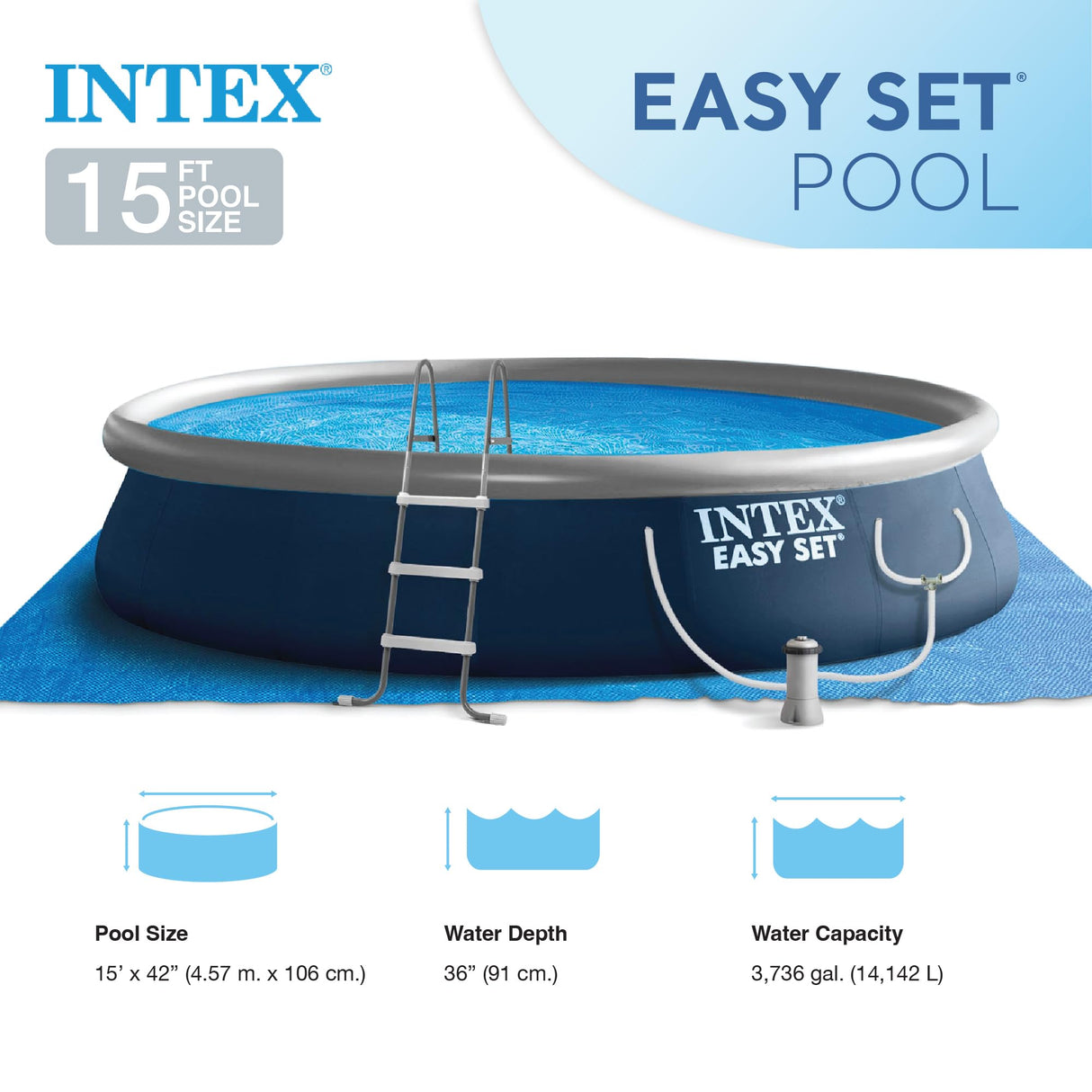 Intex Easy Set 15' x 42" Round Inflatable Outdoor Above Ground Swimming Pool Set with 1000 GPH Filter Pump