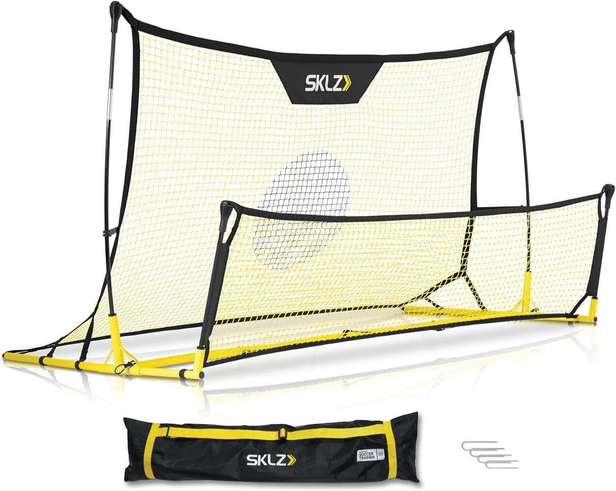 SKLZ Quickster Soccer Trainer - Dual-Sided Ball Rebounder for Solo Passing, Receiving, Trapping Practice - Large & Small Rebound Net - Weather Resistant - Adjustable Frame, Metal Stakes & Carry Bag