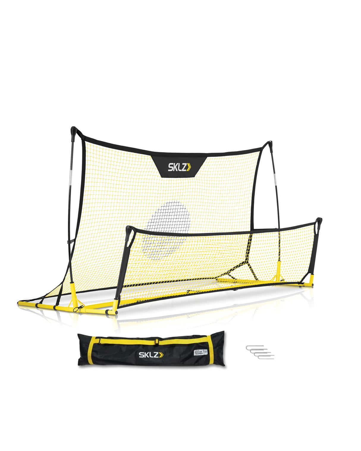SKLZ Quickster Soccer Trainer - Dual-Sided Ball Rebounder for Solo Passing, Receiving, Trapping Practice - Large & Small Rebound Net - Weather Resistant - Adjustable Frame, Metal Stakes & Carry Bag