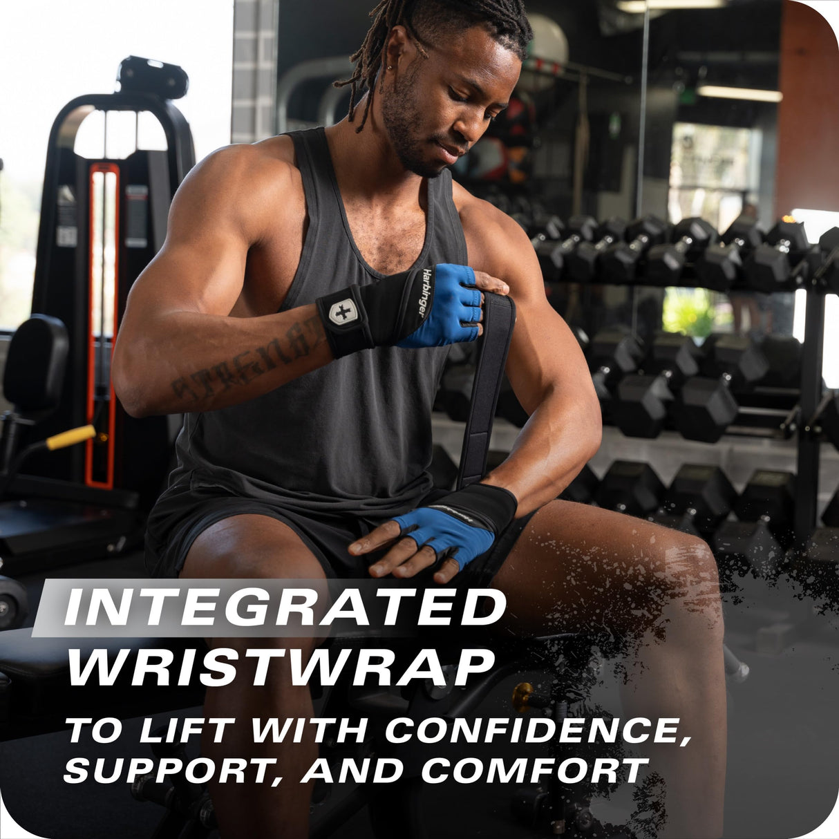 Harbinger Training Grip Wrist Wrap Gloves - Enhanced Grip & Wrist Support, Breathable Lycra Back, Padded Leather Palm, Half-Finger Design, Quick Pull Tabs - Ideal for Weightlifting, Gym - Men's