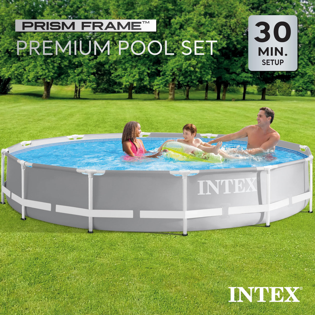 Intex 10 Feet Round Prism Metal Frame Above Ground Outdoor Backyard Swimming Family Pool for Kids and Adults Ages 6 and Up, Gray