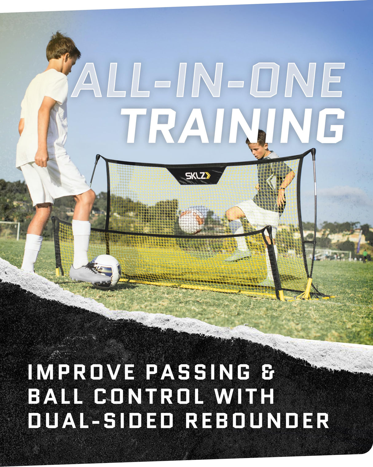 SKLZ Quickster Soccer Trainer - Dual-Sided Ball Rebounder for Solo Passing, Receiving, Trapping Practice - Large & Small Rebound Net - Weather Resistant - Adjustable Frame, Metal Stakes & Carry Bag