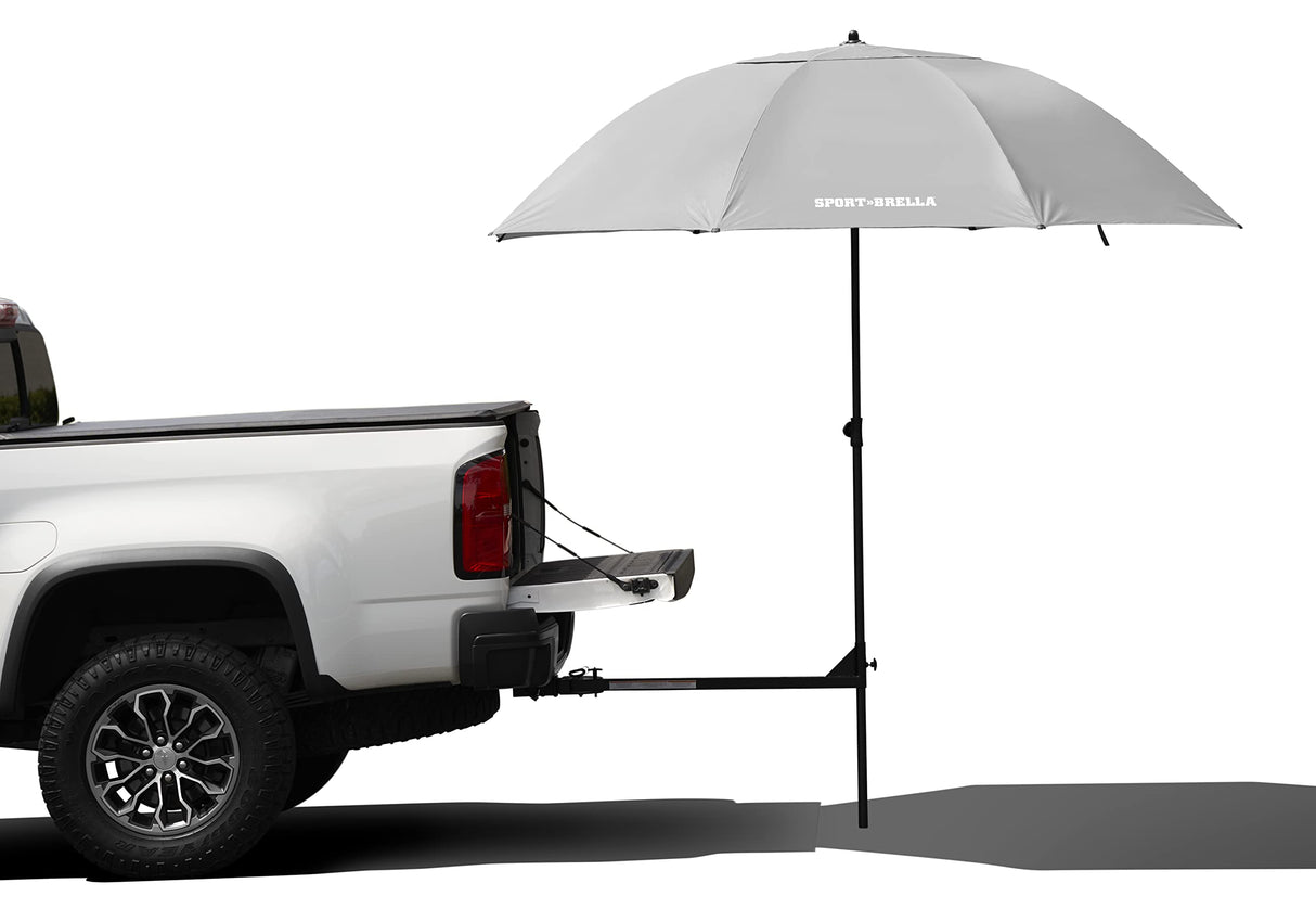 Sport-Brella Umbrella with Holder and Stand That Fits into Trailer Hitch for Tailgates, Grey