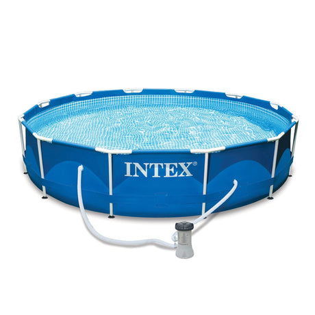 Intex 12' x 30" Round Metal Frame Outdoor Above Ground Swimming Pool Set with Filter Pump, Cartridges, 42 Inch Steel Pool Ladder, and Secure Cover