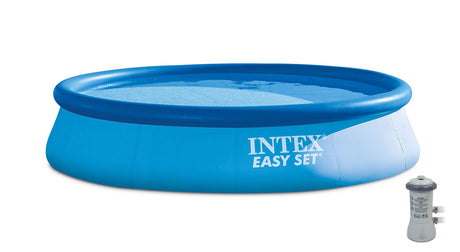 Intex 13 Ft x 32 in Easy Set Above Ground Inflatable Outdoor Swimming Pool Set with 530 GPH Krystal Clear Filter Pump & Secure Vinyl Pool Cover, Blue